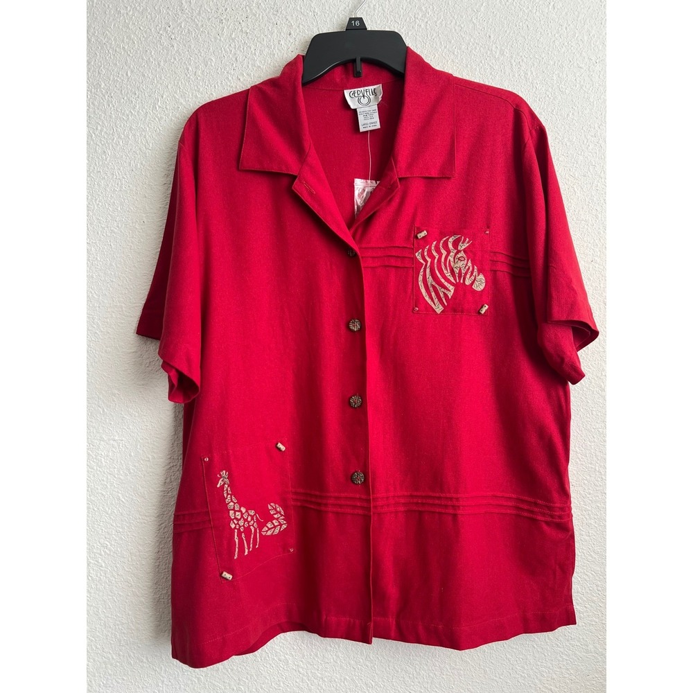 Vintage Cervelle Red 100% Silk Zebra Giraffe  Safari Button Down Shirt Womens L